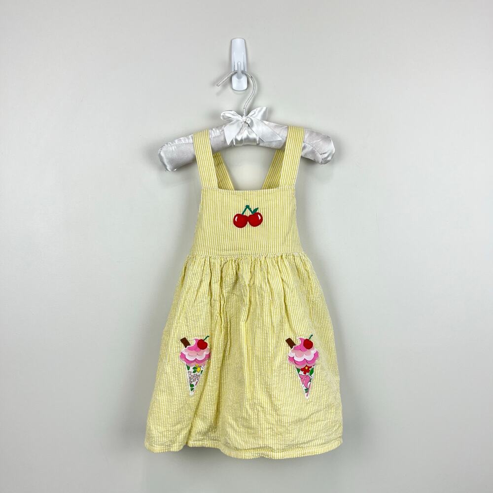 Mini Boden Yellow Seersucker Applique Ice Cream Pinafore Dress 18-24 Months